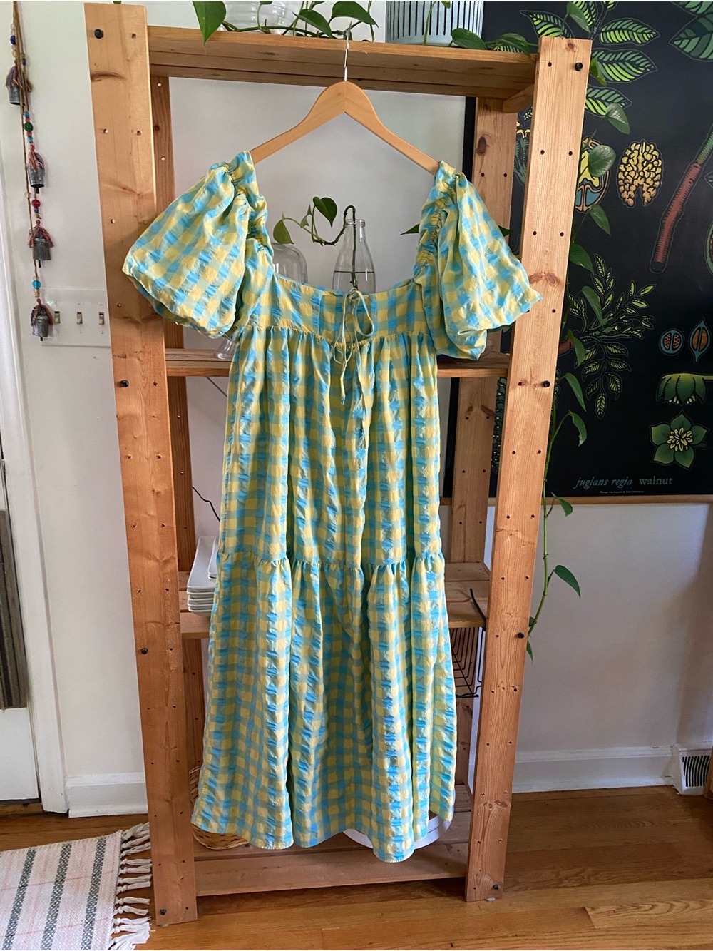 Zara Blue Yellow Gingham Plaid Seersucker Midi Maxi Dress XS - Picture 8 of 16